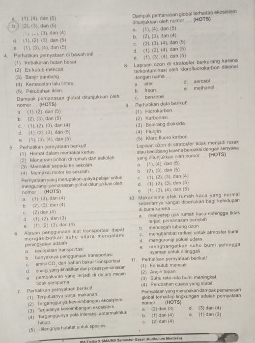 a. (1), (4). dan (5) Dampak pemanasan global terhadap ekosistem
b ) (2), (3), dan (5) ditunjukkan oleh nomor ... (HOTS)
( 1). (2 ), (3). dan (4) a. (1), (4), dan (5)
d. (1), (2), (3), dan (5) b. (2), (3), dan (4)
e. (1). (3), (4), dan (5) c. (2), (3), (4), dan (5)
4. Perhatikan pernyataan di bawah ini! d. (1), (2), (4), dan (5)
(1) Kebakaran hutan besar. e. (1), (3), (4), dan (5)
(2) Es kutub mencair. 8. Lapisan ozon di stratosfer berkurang karena
terkontaminasi oleh klorofluorokarbon dikenal
(3) Banjir bandang dengan nama ....
(4) Kemacetan lalu lintas. a eter d aerosol
(5) Perubahan iklim.
Dampak pemanasan global ditunjukkan oleh b. freon c benzene e methanol
nomor .... (HOTS) 9. Perhatikan data berikut!
a. (1), (2), dan (5) (1) Hidrokarbon
b. (2), (3), dan (5) (2) Karbonasi
c.  (1), (2), (3), dan (4) (3) Belerang dioksida.
d. (1), (2), (3), dan (5) (4) Fluorin.
e. (1), (3), (4), dan (5) (5) Kloro fluoro karbon
5. Perhatikan pernyataan berikut! Lapisan ozon di stratosfer tidak menjadi rusak
(1) Hemat dalam memakai kertas
(2) Menanam pohon di rumah dan sekolah atau berlubang karena bereaksi dengan senyawa
(3) Memakai sepeda ke sekolah yang ditunjukkan oleh nomor .... (HOTS)
a. (1), (4), dan (5)
(4) Memakai motor ke sekolah. b. (2), (3), dan (5)
Pernyataan yang merupakan upaya pelajar untuk
mengurangi pemanasan global ditunjukkan oleh c. (1). (2), (3), dan (4) d. (1), (2), (3), dan (5)
nomor .... (HOTS) e. (1), (3), (4), dan (5)
a. (1). (3), dan (4) 10. Mekanisme efek rumah kaca yang normal
b. (2). (3), dan (4) sebenarnya sangat diperlukan bagi kehidupan
c. (2) dan (4) di bumi karena
d. (1). (2). dan (3) a menyerap gas rumah kaca sehingga tidak
e. (1), (2), (3), dan (4) terjadi pemanasan berlebih
b mencegah lubang ozon
6. Alasan penggunaan alat transportasi dapat c. menghambat radiasi untuk atmosfer bumi
mengakibatkan suhu udara mengalami
peningkatan adalah d mengurangi polusi udara
a kecepatan transportasi e. menghangatkan suhu bumi sehingga
b banyaknya penggunaan transporlasi nyaman untuk ditinggali
c emisi CO_2 dari bahan bakar transportasi 11. Perhatikan pernyataan berikut!
d. energi yang dihasilkan dari proses pemanasan (2) Angin topan (1) Es kutub mencair
e. pembakaran yang terjadi di dalam mesin (3) Suhu rata-rata bumi meningkat.
tidak sempurna
7. Perhatikan pernyataan berikut! (4) Perubahan cuaca yang stabil.
Pernyataan yang merupakan dampak pemanasan
(1) Terputusnya rantai makanan global terhadap lingkungan adalah pernyataan
(2) Terganggunya keseimbangan ekosistem
(3) Terjadinya keseimbangan ekosistem. nomor .... (HOTS) a (2) dan (3) d. (3) dan (4)
(4) Terganggunya pola interaksi antarmakhluk b. (1) dan (4) e. (1) dan (3)
hidup. c. (2) dan (4)
(5) Hilangnya habitat untuk spesies.
A Fisika X SMA/MA Semester Gasal (Kurikulum Merdeka)