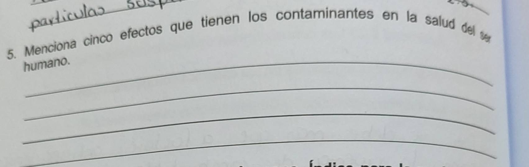 Menciona cinco efectos que tienen los contaminantes en la salud del 
humano. 
_ 
_ 
_