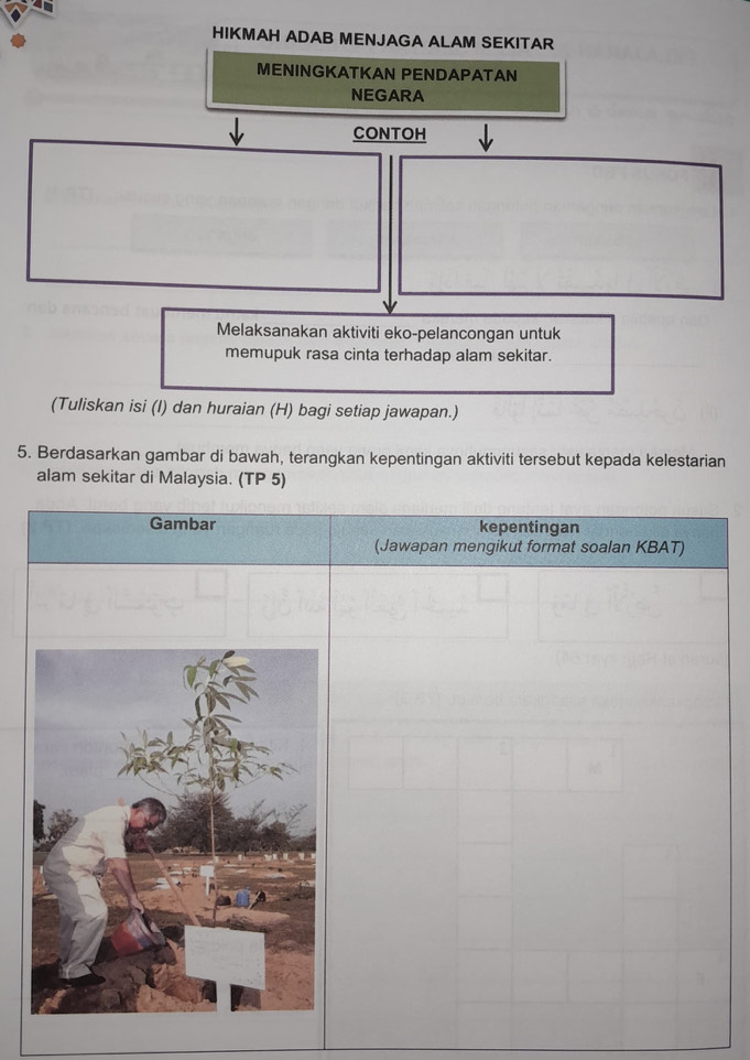 HIKMAH ADAB MENJAGA ALAM SEKITAR 
MENINGKATKAN PENDAPATAN 
NEGARA 
CONTOH 
Melaksanakan aktiviti eko-pelancongan untuk 
memupuk rasa cinta terhadap alam sekitar. 
(Tuliskan isi (I) dan huraian (H) bagi setiap jawapan.) 
5. Berdasarkan gambar di bawah, terangkan kepentingan aktiviti tersebut kepada kelestarian 
alam sekitar di Malaysia. (TP 5) 
Gambar kepentingan 
(Jawapan mengikut format soalan KBAT)