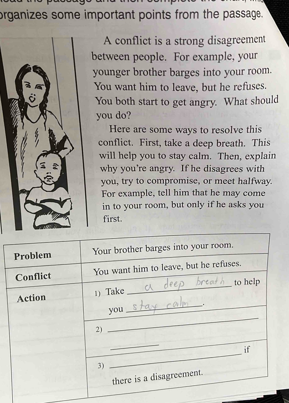 organizes some important points from the passage. 
A conflict is a strong disagreement 
between people. For example, your 
younger brother barges into your room. 
You want him to leave, but he refuses. 
You both start to get angry. What should 
you do? 
Here are some ways to resolve this 
conflict. First, take a deep breath. This 
will help you to stay calm. Then, explain 
why you’re angry. If he disagrees with 
you, try to compromise, or meet halfway. 
For example, tell him that he may come 
in to your room, but only if he asks you 
first.