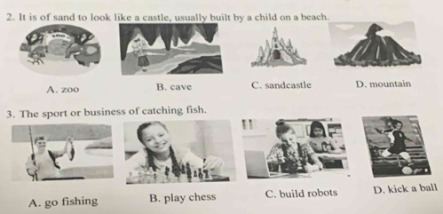 It is of sand to look like a castle, usually built by a child on a beach.
A. zoo B. cave C. sandcastle D. mountain
3. The sport or business of catching fish.
A. go fishing B. play chess C. build robots D. kick a ball