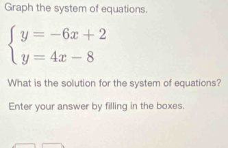 Graph the system of equations.
beginarrayl y=-6x+2 y=4x-8endarray.
What is the solution for the system of equations? 
Enter your answer by filling in the boxes.