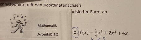 chnittpünkte mit den Koordinatenachsen 
brisierter Form an 
Mathematik 
Arbeitsblatt b. f(x)= 1/4 x^3+2x^2+4x