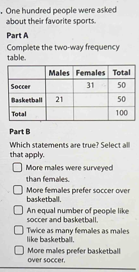 One hundred people were asked
about their favorite sports.
Part A
Complete the two-way frequency
table.
Part B
Which statements are true? Select all
that apply.
More males were surveyed
than females.
More females prefer soccer over
basketball.
An equal number of people like
soccer and basketball.
Twice as many females as males
like basketball.
More males prefer basketball
over soccer.