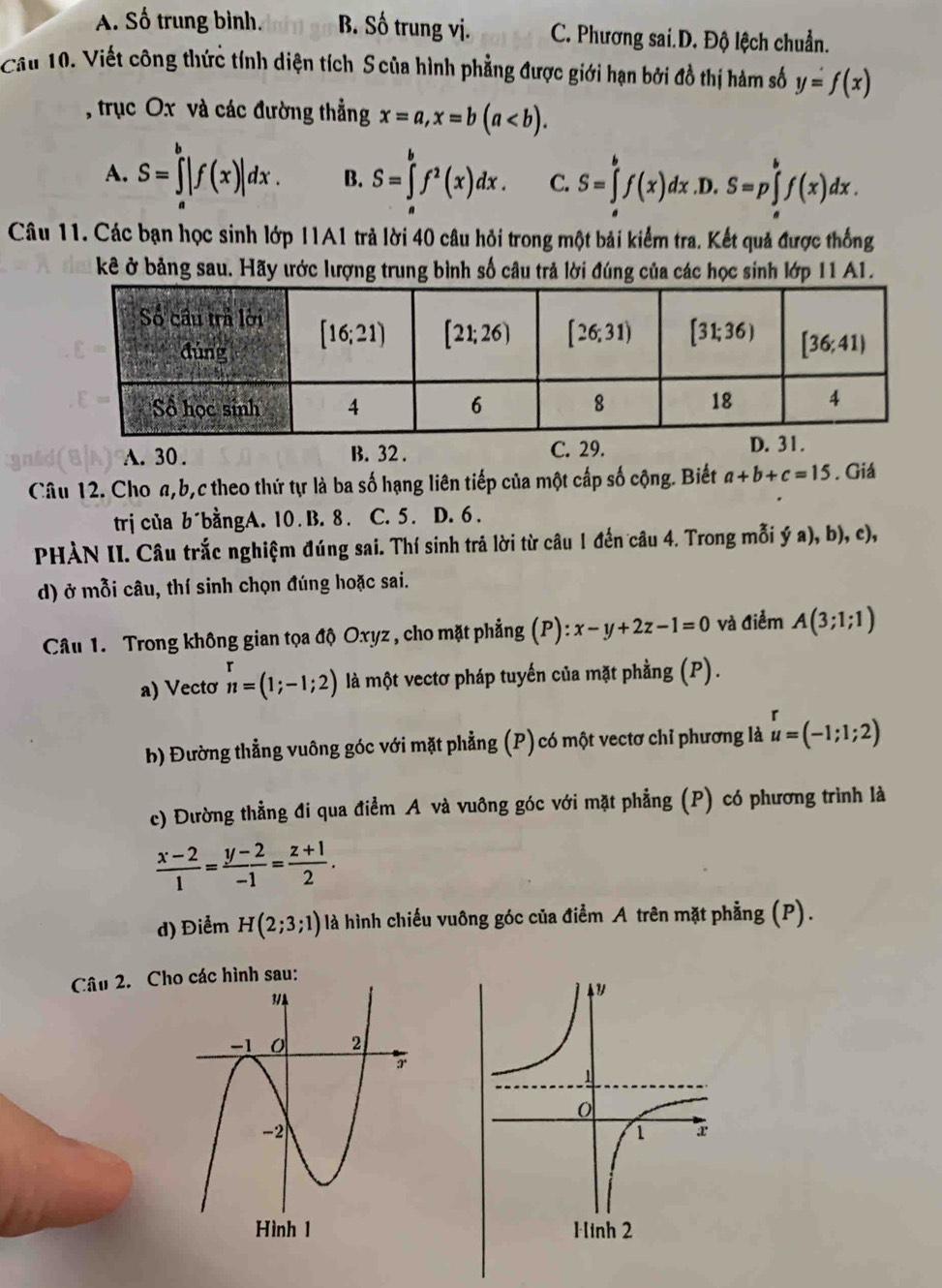 A. Số trung bình. B. Số trung vị. C. Phương sai.D. Độ lệch chuẩn.
Cầu 10. Viết công thức tính diện tích S của hình phẳng được giới hạn bởi đồ thị hàm số y=f(x)
, trục Ox và các đường thẳng x=a,x=b(a
A. S=∈tlimits^b|f(x)|dx. B. S=∈tlimits _a^(bf^2)(x)dx. C. S=∈tlimits _a^(bf(x)dx .D. S=p∈tlimits _a^bf(x)dx.
Câu 11. Các bạn học sinh lớp I1A1 trả lời 40 câu hỏi trong một bải kiểm tra. Kết quả được thống
kê ở bảng sau. Hãy ước lượng trung bình số câu trả lời đúng của các học sinh lớp 11 A1.
A. 30 . B. 32 . C. 29. D. 31.
Câu 12. Cho a,b,c theo thứ tự là ba số hạng liên tiếp của một cấp số cộng. Biết a+b+c=15. Giá
trị của b´bằngA. 10. B. 8. C. 5 . D. 6 .
PHÀN II. Câu trắc nghiệm đúng sai. Thí sinh trả lời từ câu 1 đến câu 4. Trong mỗi ý a), b), c),
d) ở mỗi câu, thí sinh chọn đúng hoặc sai.
Câu 1. Trong không gian tọa độ Oxyz , cho mặt phẳng (P): x-y+2z-1=0 và điểm A(3;1;1)
-
a) Vectơ n=(1;-1;2) là một vectơ pháp tuyến của mặt phẳng (P).
b) Đường thẳng vuông góc với mặt phẳng (P) có một vectơ chỉ phương là u=(-1;1;2)
c) Đường thẳng đi qua điểm A và vuông góc với mặt phẳng (P) có phương trình là
frac x-2)1= (y-2)/-1 = (z+1)/2 .
d) Điểm H(2;3;1) là hình chiếu vuông góc của điểm A trên mặt phẳng (P).
Câu 2. Cho các hình sau: