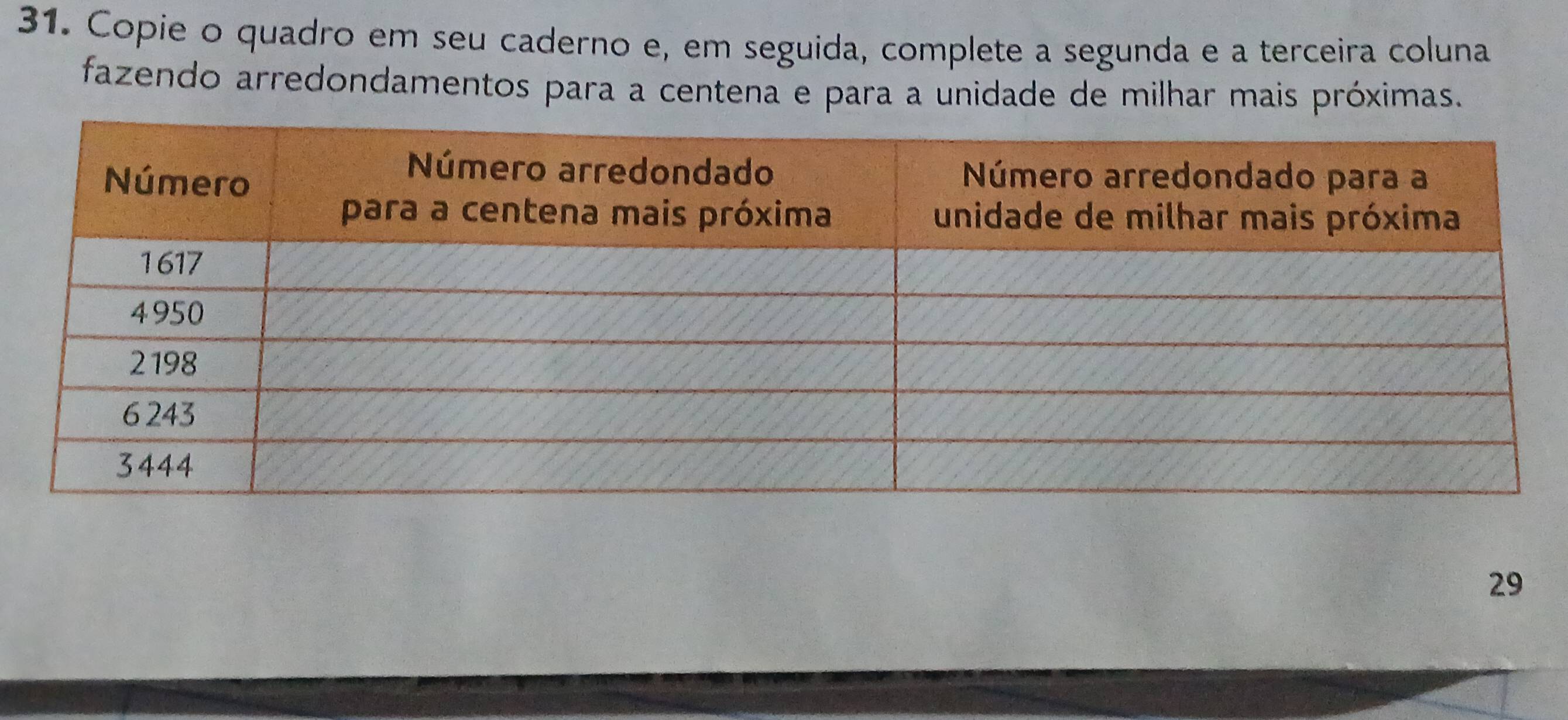 Copie o quadro em seu caderno e, em seguida, complete a segunda e a terceira coluna 
fazendo arredondamentos para a centena e para a unidade de milhar mais próximas. 
29