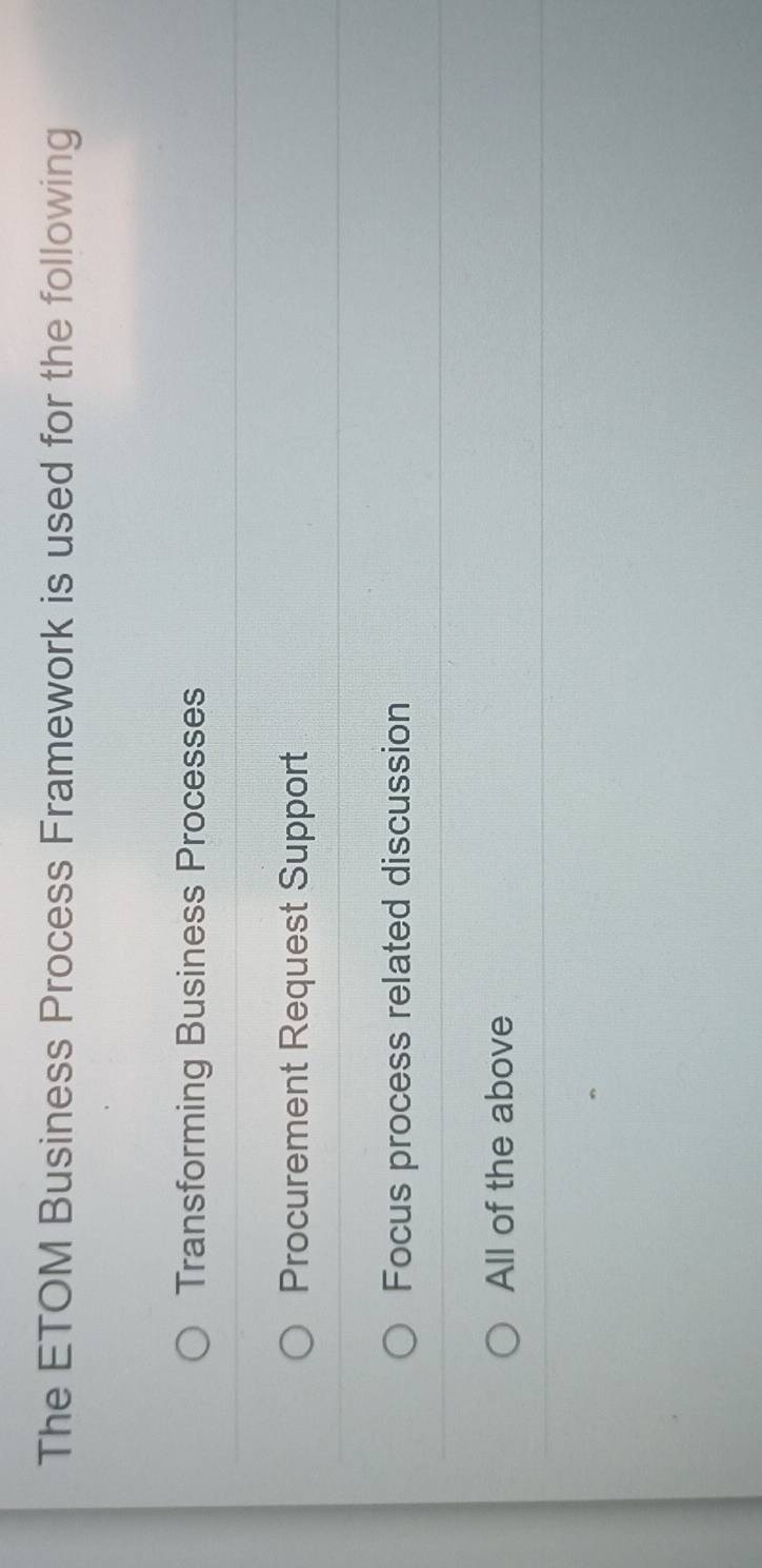 The ETOM Business Process Framework is used for the following
Transforming Business Processes
Procurement Request Support
Focus process related discussion
All of the above