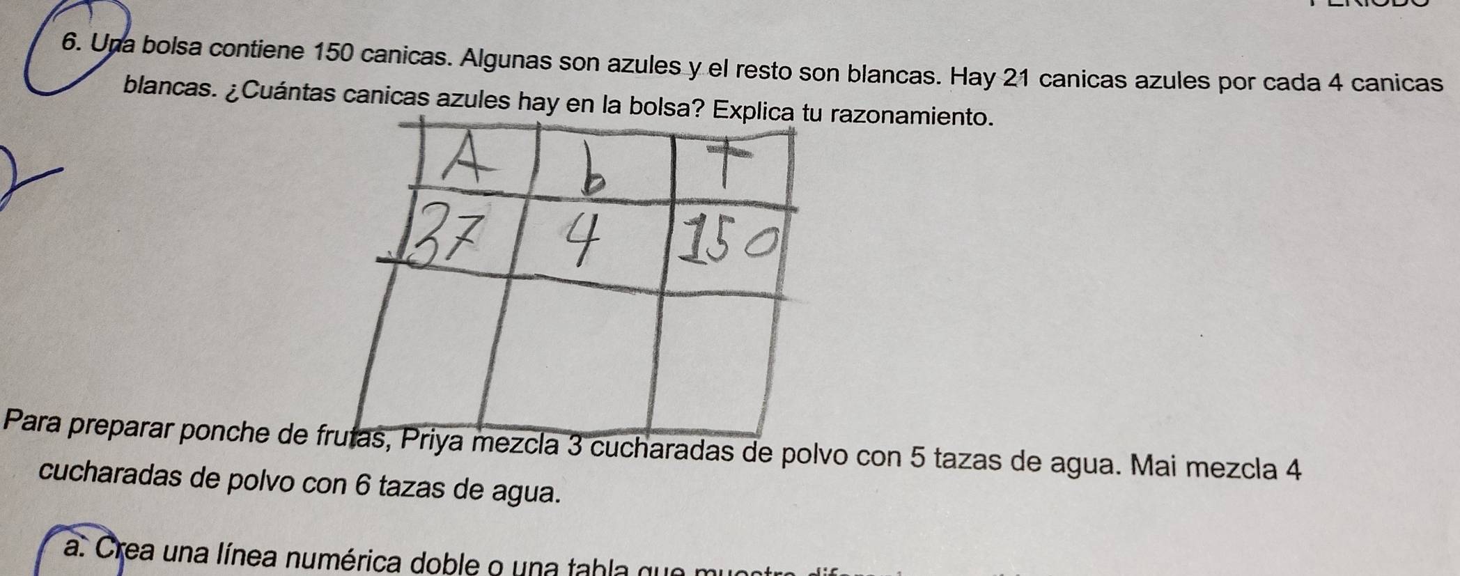 Una bolsa contiene 150 canicas. Algunas son azules y el resto son blancas. Hay 21 canicas azules por cada 4 canicas 
blancas. ¿Cuántas canicas azules hay en larazonamiento. 
Para preparar ponche de fzcla 3 cucharadas de polvo con 5 tazas de agua. Mai mezcla 4
cucharadas de polvo con 6 tazas de agua. 
a. Crea una línea numérica doble o una tabla que