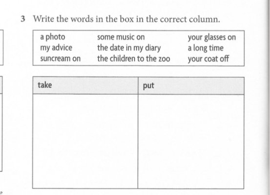 Write the words in the box in the correct column.