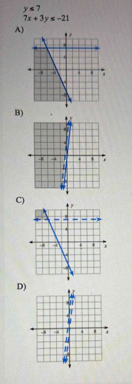 y≤ 7
7x+3y≤ -21
A) 
B) 
C) 
D)