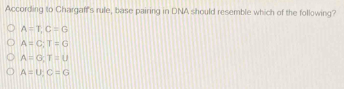 Solved: According to Chargaff's rule, base pairing in DNA should ...