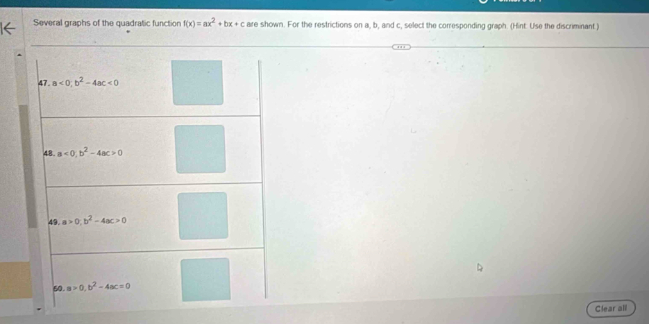 Several graphs of the quadratic function f(x)=ax^2+bx+c are shown. For the restrictions on a, b, and c, select the corresponding graph. (Hint: Use the discriminant.)
Clear all