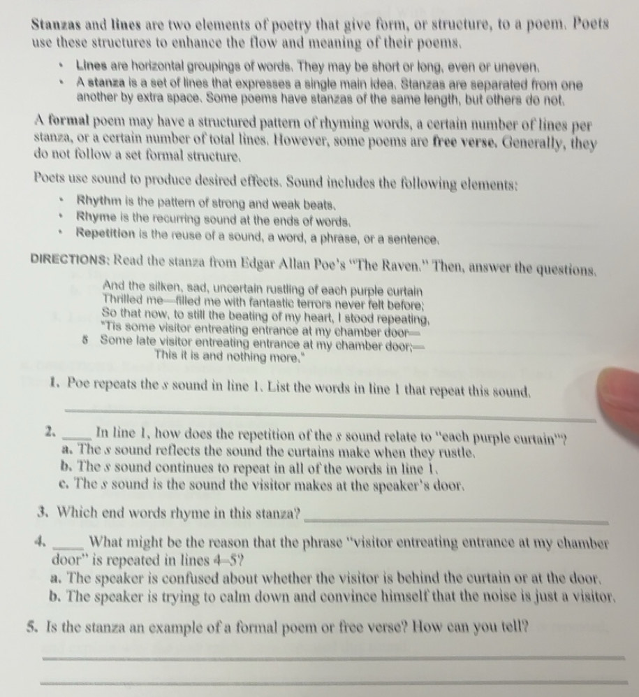 Solved: Stanzas and lines are two elements of poetry that give form, or ...