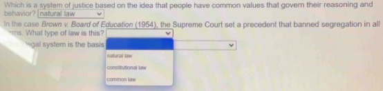 Which is a system of justice based on the idea that people have common values that govern their reasoning and
behavior? natural law
In the case Brown v. Board of Education (1954), the Supreme Court set a precedent that banned segregation in all
*ms. What type of law is this?
'ngal system is the basis
natural law
constitutional law
common law