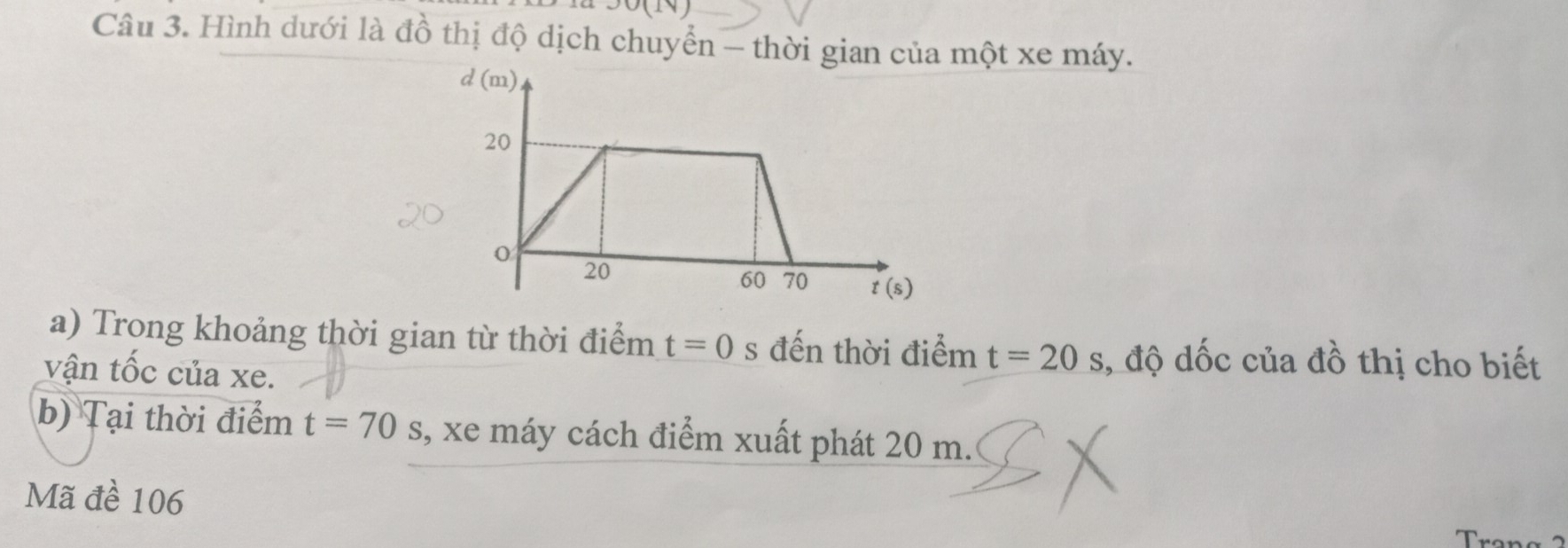 90(14) 
Câu 3. Hình dưới là đồ thị độ dịch chuyển - thời gian của một xe máy.
d (m)
20
0
20
60 70 t(s)
a) Trong khoảng thời gian từ thời điểm t=0 S đến thời điểm t=20s , độ dốc của đồ thị cho biết 
vận tốc của xe. 
b) Tại thời điểm t=70s 3, xe máy cách điểm xuất phát 20 m. 
Mã đề 106
Trang