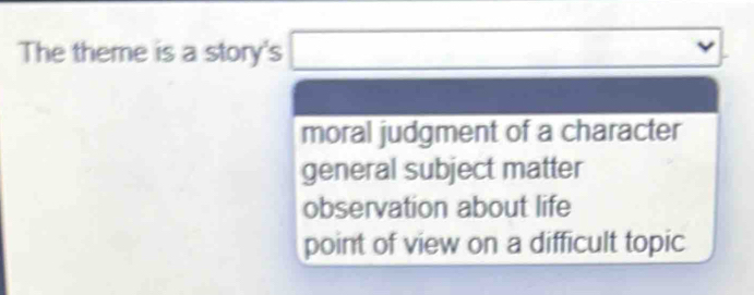 The theme is a story's □ □  □
moral judgment of a character
general subject matter
observation about life
point of view on a difficult topic