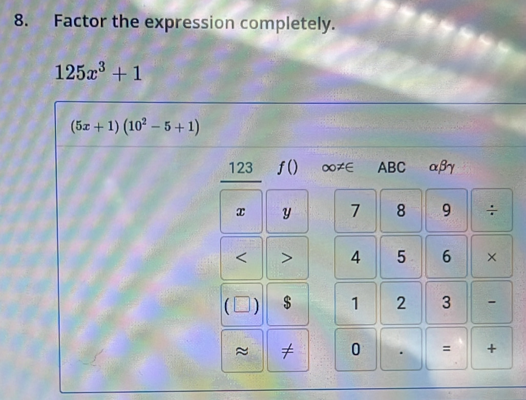 Factor the expression completely.
125x^3+1