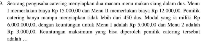 Seorang pengusaha catering menyiapkan dua macam menu makan siang dalam dus. Menu 
I memerlukan biaya Rp 15.000,00 dan Menu II memerlukan biaya Rp 12.000,00. Pemilik 
catering hanya mampu menyiapkan tidak lebih dari 450 dus. Modal yang ia miliki Rp
6.000.000,00, dengan keuntungan untuk Menu I adalah Rp 5.000,00 dan Menu 2 adalah
Rp 3.000,00. Keuntungan maksimum yang bisa diperoleh pemilik catering tersebut 
adalah …