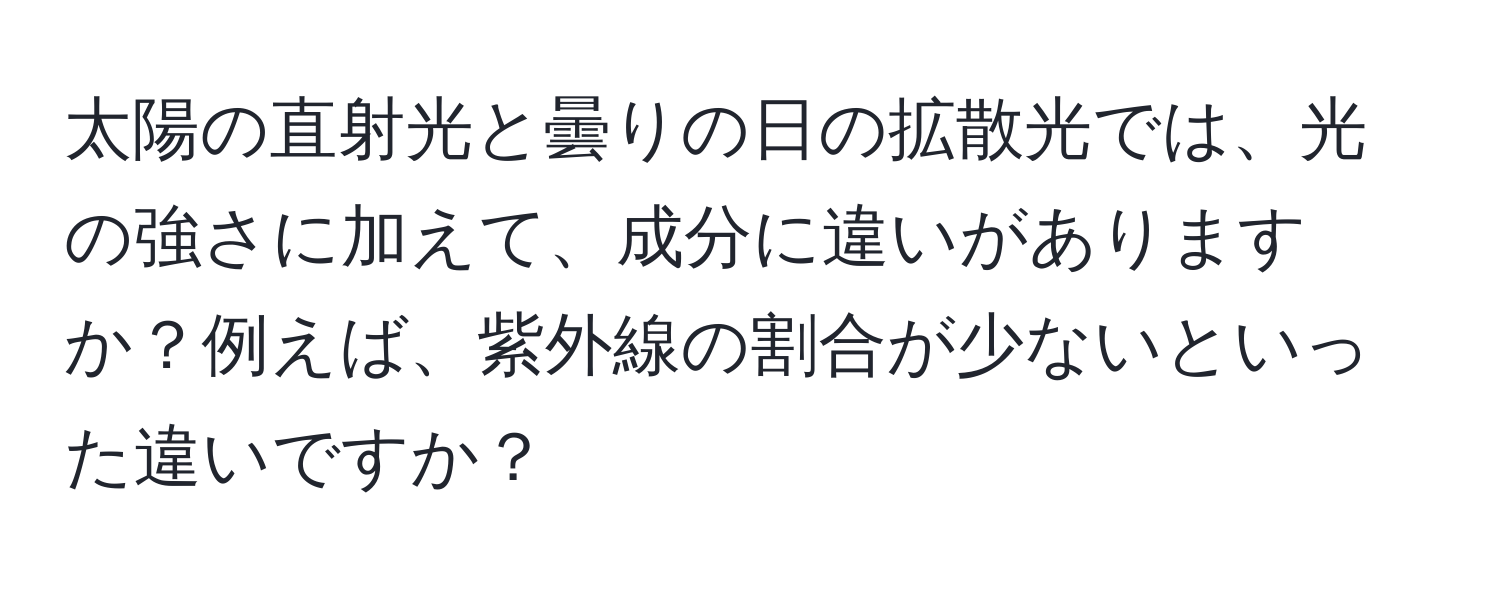 太陽の直射光と曇りの日の拡散光では、光の強さに加えて、成分に違いがありますか？例えば、紫外線の割合が少ないといった違いですか？