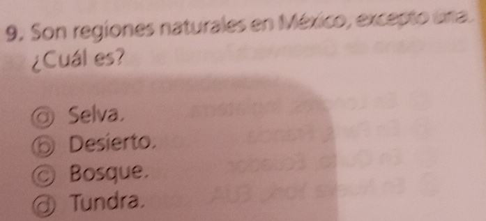 Son regiones naturales en México, excepto una.
¿Cuál es?
◎ Selva.
ⓑ Desierto.
◎ Bosque.
@ Tundra.