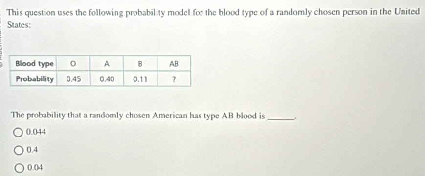 This question uses the following probability model for the blood type of a randomly chosen person in the United
States:
The probability that a randomly chosen American has type AB blood is _.
0.044
0.4
0.04