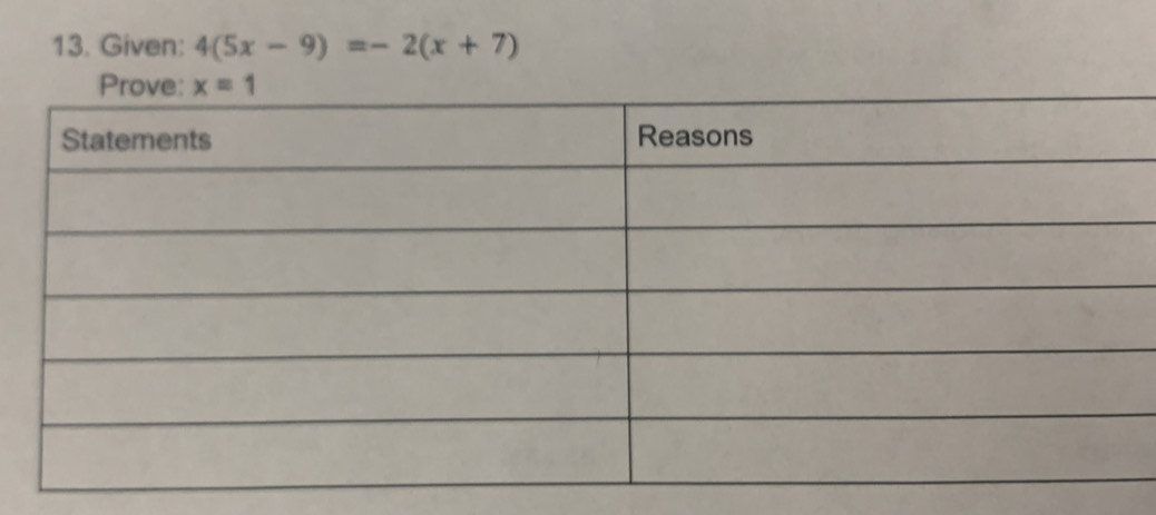 Given: 4(5x-9)=-2(x+7)