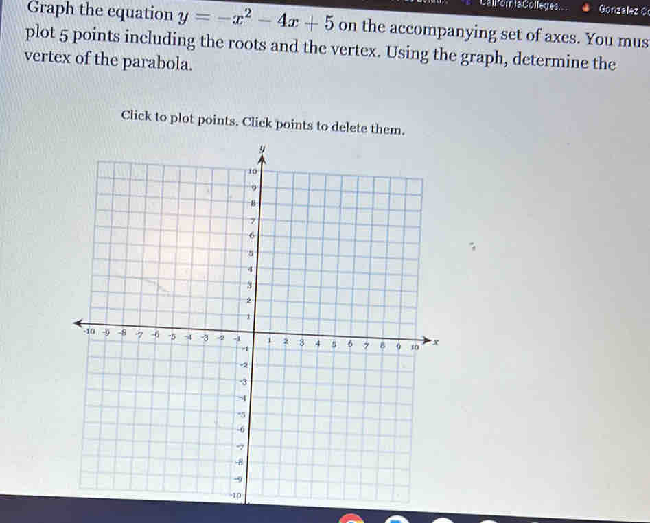 Callfóría Colleges Gonzalez C 
Graph the equation y=-x^2-4x+5 on the accompanying set of axes. You mus 
plot 5 points including the roots and the vertex. Using the graph, determine the 
vertex of the parabola. 
Click to plot points. Click points to delete them.