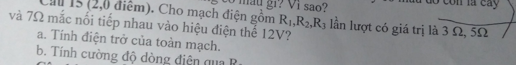 hau gi? Vì sao? 
con là cây 
Cau 15 (2,0 điểm). Cho mạch điện gồm R_1, R_2, R_3 lần lượt có giá trị là 3 Ω, 5Ω
và 7Ω mắc nổi tiếp nhau vào hiệu điện thế 12V? 
a. Tính điện trở của toàn mạch. 
b. Tính cường độ dòng điện qua P