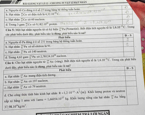 vật lí 12 - chương 1V vật lí hạt nhân
Câu 5: Một hạt nhân nguyên tử có ký hiệu beginarrayr 231 91endarray Pa (Protactini). Biết điện tích nguy
Ihiêm Trả Lời ngắn