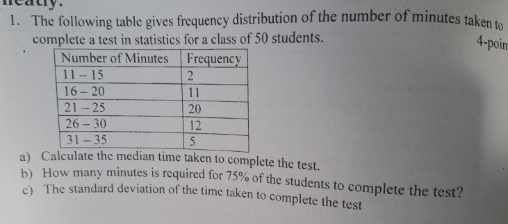 neaty. 
1. The following table gives frequency distribution of the number of minutes taken to 
complete a test in statistics for a class of 50 students. 
4-poin 
a) Calculate the median time taken to complete the test. 
b) How many minutes is required for 75% of the students to complete the test? 
c) The standard deviation of the time taken to complete the test