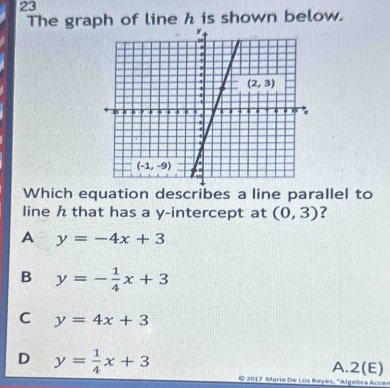 The graph of line h is shown below.
Which equation describes a line parallel to
line h that has a y-intercept at (0,3) ?
A y=-4x+3
B y=- 1/4 x+3
C y=4x+3
D y= 1/4 x+3
A.2(E)
*  2017 Marie De Los Reyes, ''Algebra Accer