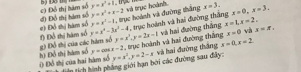 Độ Đồ thị nữ 
c) Đồ thị hàm số y=x^3+1
d) Đồ thị hàm số y=x^2+x-2 và trục hoành. 
e) Đồ thị hàm số y=x^2-1 , trục hoành và đường thắng x=3. x=0, x=3. 
, trục hoành và hai đường thắng 
f) Đổ thị hàm số y=x^4-3x^2-4 y=x^3, y=2x-1 và hai đường thăng x=1, x=2. x=π. 
, trục hoành và hai đường thắng x=0 và 
g) Đổ thị của các hàm số 
h) Đổ thị hàm số y=cos x-2 y=x^2, y=2-x và hai đường thắng x=0, x=2. 
i) Đồ thị của hai hàm số tiên tích hình phẳng giới hạn bởi các đường sau đây: