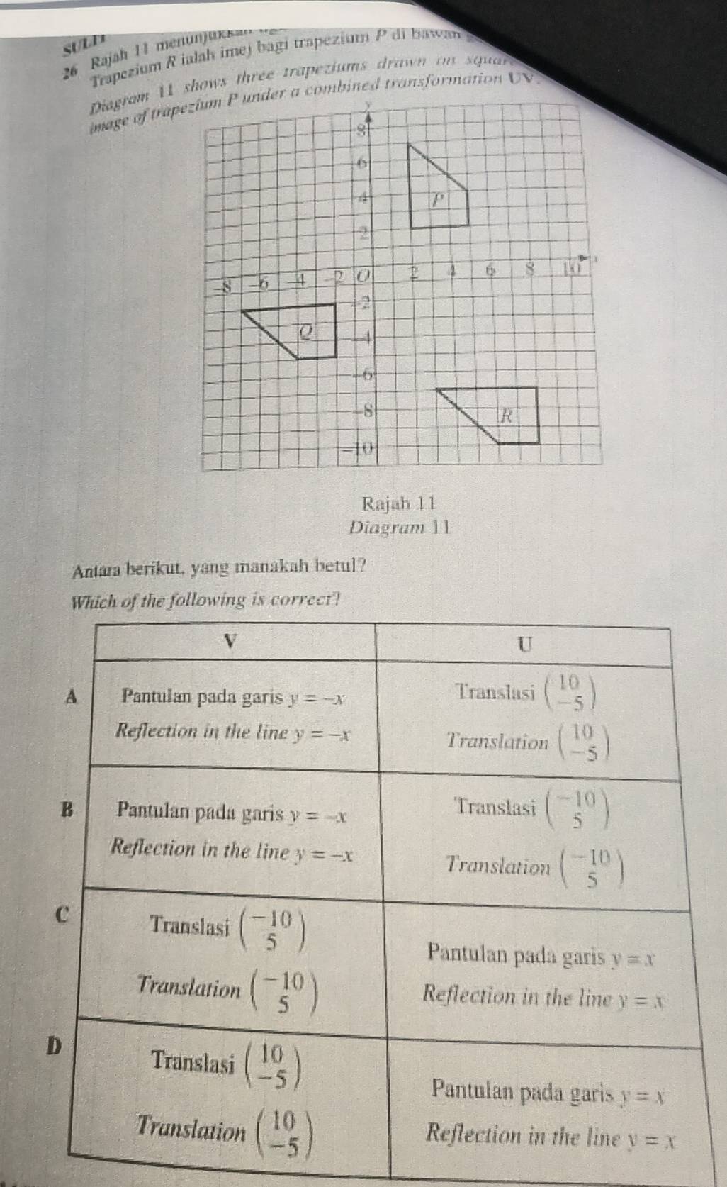 ự  D
26 Rajah 11 menunjux===
Trapezium R ialah imej bagi trapezium P di bawan 
Diagram 11 shows three trapeziums drawn on squar
Rajah 1 1
Diagram 11
Antara berikut, yang manakah betul?