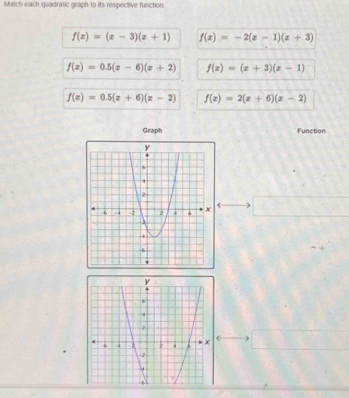 Match each quadratic graph to its respective function
f(x)=(x-3)(x+1) f(x)=-2(x-1)(x+3)
f(x)=0.5(x-6)(x+2) f(x)=(x+3)(x-1)
f(x)=0.5(x+6)(x-2) f(x)=2(x+6)(x-2)
Graph Function