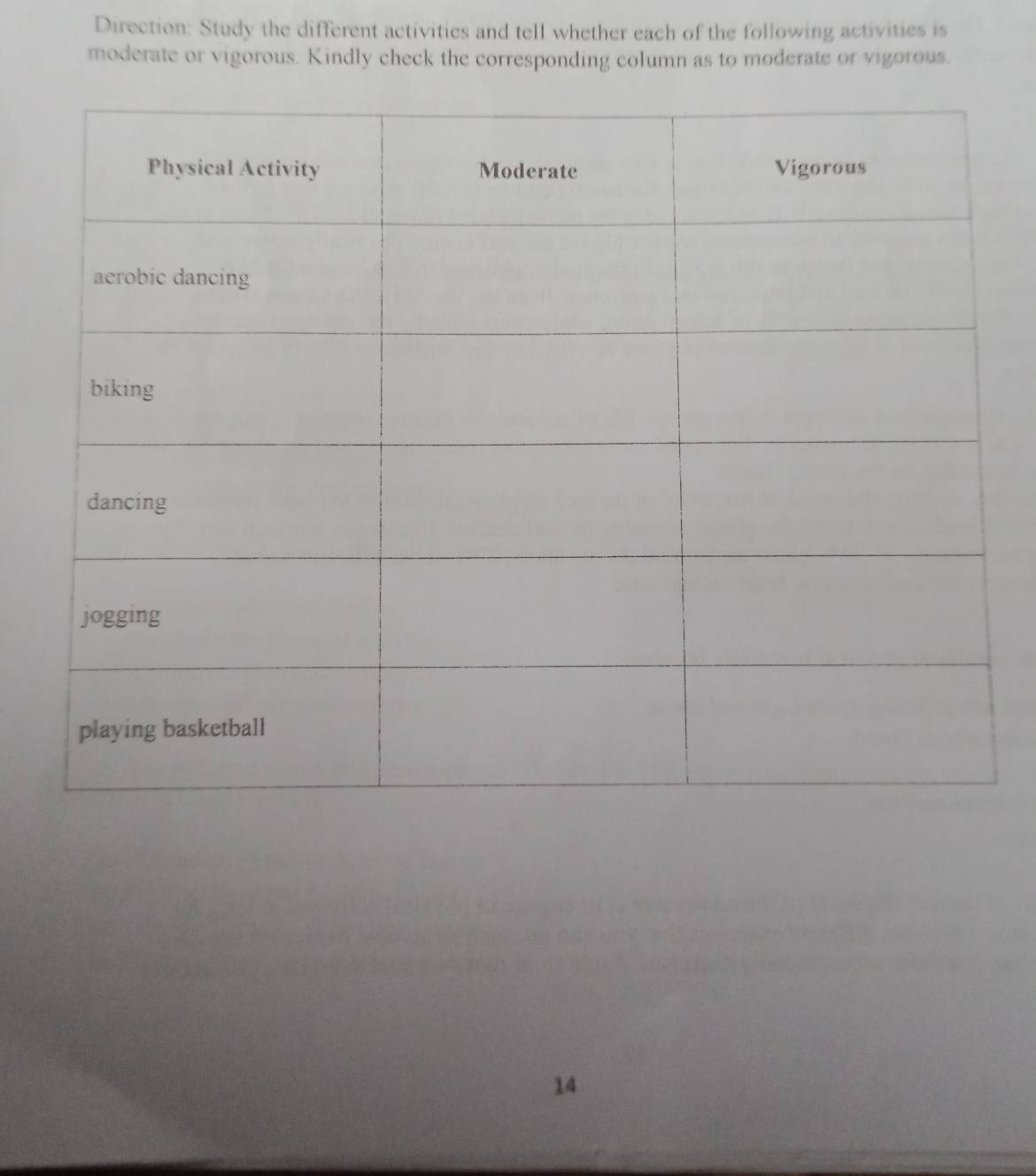 Direction: Study the different activities and tell whether each of the following activities is 
moderate or vigorous. Kindly check the corresponding column as to moderate or vigorous. 
14