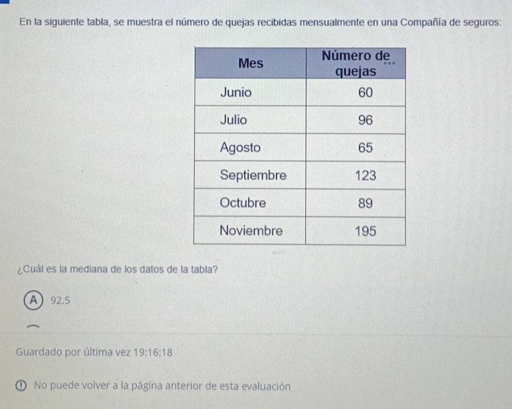 En la siguiente tabla, se muestra el número de quejas recibidas mensualmente en una Compañía de seguros:
¿Cuál es la mediana de los datos de la tabla?
A 92.5
Guardado por última vez 19:16:18
① No puede volver a la página anterior de esta evaluación