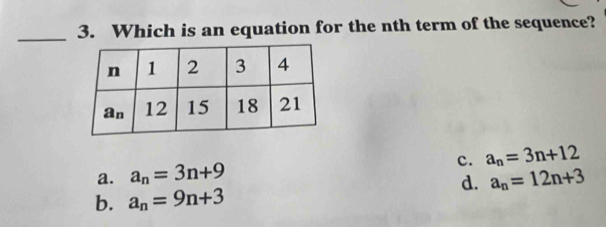 Which is an equation for the nth term of the sequence?
c.
a. a_n=3n+9 a_n=3n+12
d. a_n=12n+3
b. a_n=9n+3