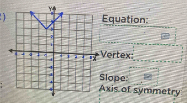 ) 
Equation: 
Vertex: 
Slope: 
Axis of symmetry: