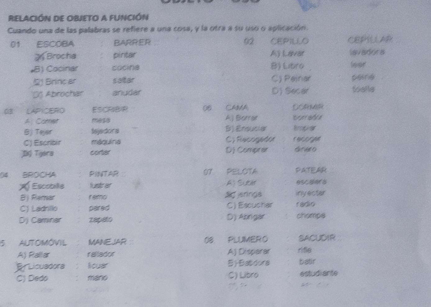 RELACIÓN DE OBJETO A FUNCIÓN
Cuando una de las palabras se refiere a una cosa, y la otra a su uso o aplicación.
01 ESCOBA BARRER 92 CEPILLO
CEPILLAR
Brocha pintar Aj Lavar lavadora
•B) Cocinar cocine
B) Litro leer
2) Brinc ar saltar C) Peinar
paine
S) Abrochar anudar D) Secar toelle
03 LAPICERO ESCRIBIR 0 CAMA DORMIR
A Comer mess A.) Borrar borrafts
B) Tejar tejadora B) Ensuciar Empiar
C) Escribir méquina C) Recogador recoger
Bộ Tijera cortar
D Comprar dinero
04 BROCHA PINTAR 0T PELOTA
PATEAR
X Escobille fustrer Aj Suber escalera
B) Remar remo S jeringa inly ectar
C) Ladnillo pared C) Escuchar radio
D) Caminar zapato
D) Abrigar chompe
5 AUTOMÓVIL MANEJAR 08 PLUMERO SACUDIR
A) Rallar railador A) Disparar rife
FLicuadora licuar B Batdora batir
C) Dedo mano C) Libro estudiante