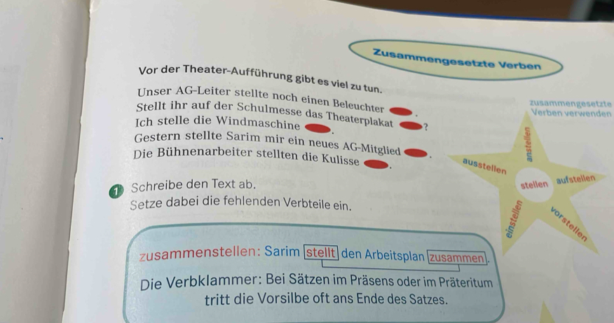 Zusammengesetzte Verben 
Vor der Theater-Aufführung gibt es viel zu tun. 
Unser AG-Leiter stellte noch einen Beleuchter 
zusammengesetzte 
Stellt ihr auf der Schulmesse das Theaterplakat 
Verben verwenden 
Ich stelle die Windmaschine ？ 
Gestern stellte Sarim mir ein neues AG-Mitglied 
Die Bühnenarbeiter stellten die Kulisse 
ausstellen 
Schreibe den Text ab. stellen aufstellen 
Setze dabei die fehlenden Verbteile ein. 
vörsteller 
zusammenstellen: Sarim [stellt] den Arbeitsplan zusammen . 
Die Verbklammer: Bei Sätzen im Präsens oder im Präteritum 
tritt die Vorsilbe oft ans Ende des Satzes.