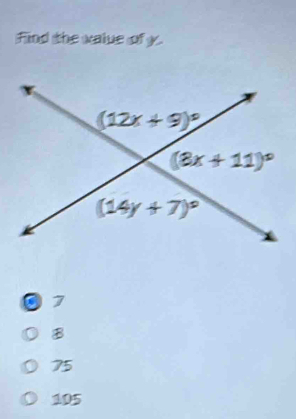 Find the value of y.
0 7
B
75
105