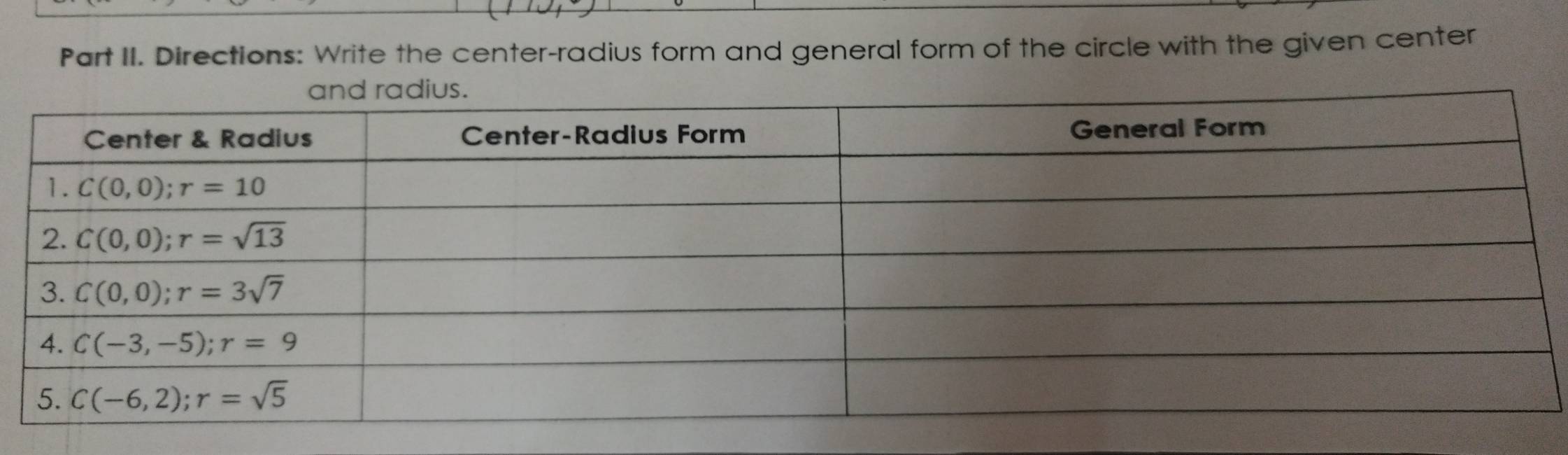 Part II. Directions: Write the center-radius form and general form of the circle with the given center