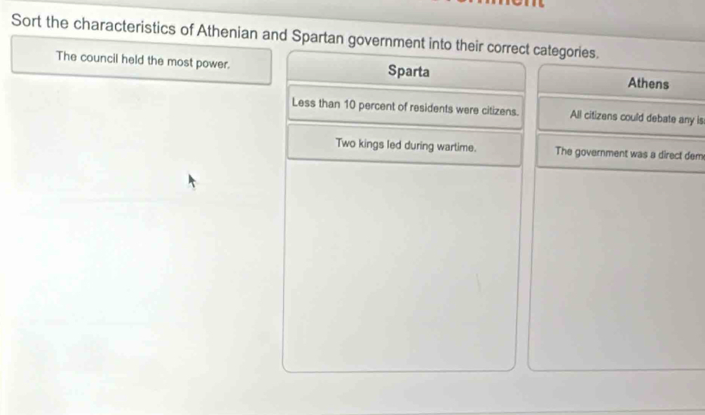 Sort the characteristics of Athenian and Spartan government into their correct categories.
The council held the most power. Sparta
Athens
Less than 10 percent of residents were citizens. All citizens could debate any is
Two kings led during wartime. The government was a direct dem