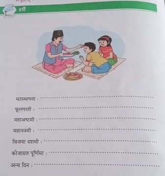 दश 
घटस्थापना : 
_ 
फूलपाती : 
_ 
महाअष्टमी : 
_ 
महानवमी : 
_ 
विजया दशमी :_ 
कोजाग्रत पूर्णिमा ः_ 
अन्य दिन : 
_