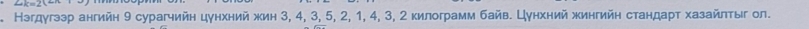 Нэгдγгзэр ангийн 9 сурагчийн цунхний жин 3, 4, 3, 5, 2, 1, 4, 3, 2 килограмм байв. Цунхний жингийн стандарτ хазайπτыг ол.