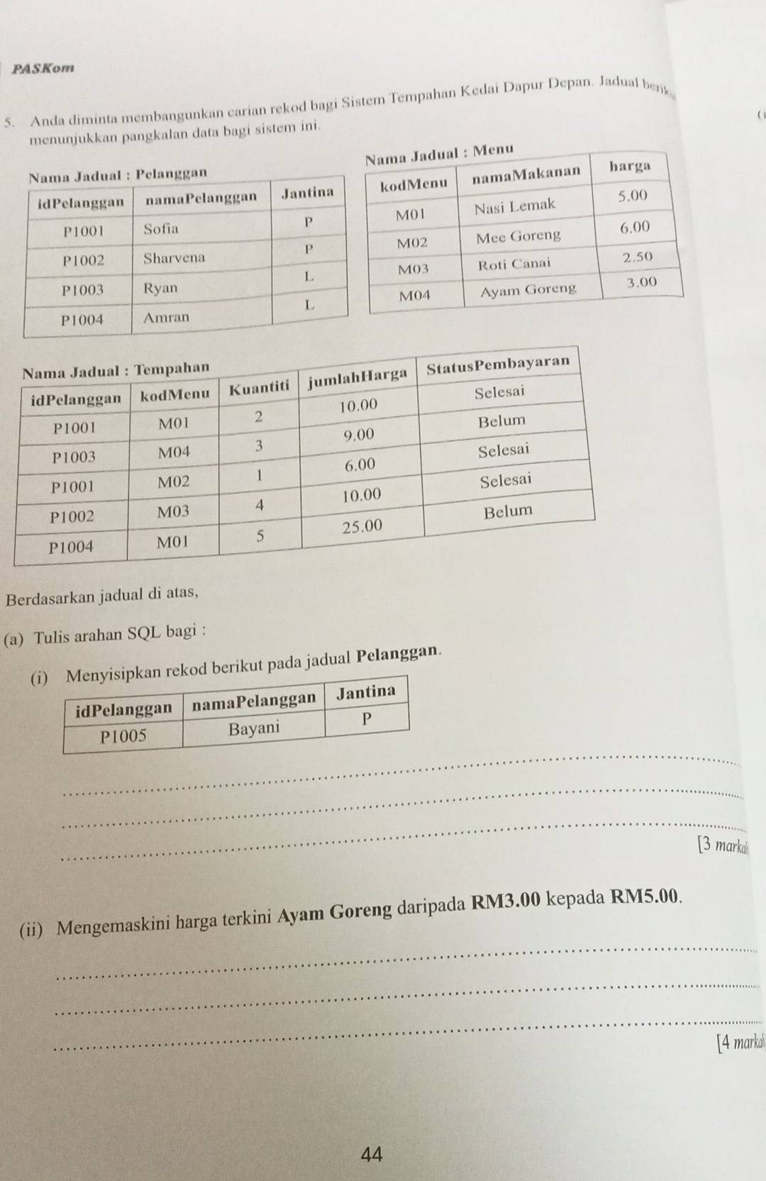 PASKom 
5. Anda diminta membangunkan carian rekod bagi Sistem Tempahan Kedai Dapur Depan. Jadual ben 
menunjukkan pangkalan data bagi sistem ini. 
Berdasarkan jadual di atas, 
(a) Tulis arahan SQL bagi : 
ekod berikut pada jadual Pelanggan. 
_ 
_ 
_ 
[3 marka 
_ 
(ii) Mengemaskini harga terkini Ayam Goreng daripada RM3.00 kepada RM5.00
_ 
_ 
[4 markal 
44