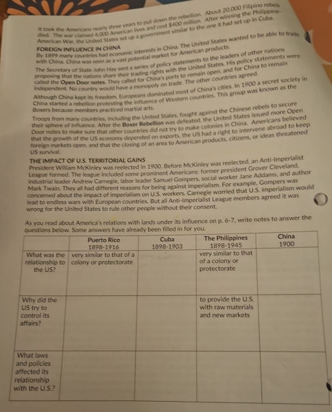 It took the Americans nearly three years to put down the rebellion. About 20,000 Filipino rebels 
died. The war clalmed 4,000 American lives and cost $400 million. After winning the Philippine 
American War, the United States set up a government similar to the one it had set up in Cuba. 
By 1899 many countEIN CHP enomic interests in China. The United States wanted to be able to trade 
FOREIGN INFLUENCE IN CHINA 
with China. China was seen as a vast potential market for American products. 
The Secretary of State John Hay sent a series of policy statements to the leaders of other nations 
proposing that the nations share their trading nights with the United States. His policy statements were 
called the Open Door notes. They called for China's ports to remain open, and for China to remain 
independent. No country would have a monopoly on trade. The other countries agreed. 
Although China kept its freedom, Europeans dominated most of China's cities. In 1900 a secret society in 
China started a rebellion protesting the indence of Western countries. This group was known as the 
Boxers because members practiced martial arts. 
Troops from many countries, including the United States, fought against the Chinese rebels to secure 
their sphere of influence. After the Boxer Rebellion was defeated, the United States issued more Open 
Door notes to make sure that other countries did not try to make colonies in China. Americans believed 
that the growth of the US economy depended on exports, the US had a right to intervene abroad to keep 
US survival foreign markets open, and that the closing of an area to American products, citizens, or ideas threatened 
THE IMPACT OF U.S. TERRITORIAL GAINS 
President William McKinley was reelected in 1900. Before McKinley was reelected, an Anti-Imperialist 
League formed. The league included some prominent Americans: former president Grover Cleveland. 
industrial leader Andrew Carnegie, labor leader Samuel Gompers, social worker Jane Addams, and author 
Mark Twain. They all had different reasons for being against imperialism. For example, Gompers was 
concerned about the impact of imperialism on U.S. workers. Carnegie worried that U.S. imperialism would 
lead to endless wars with European countries. But all Anti-Imperialist League members agreed it was 
wrong for the United States to rule other people without their consent. 
As you read about America's relations with lands under its influence on p. 6-7, write notes to answer the