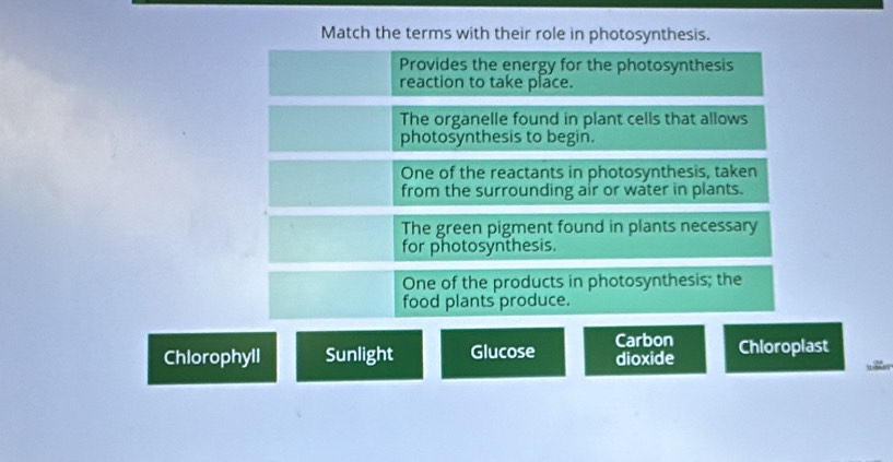 Match the terms with their role in photosynthesis.
Provides the energy for the photosynthesis
reaction to take place.
The organelle found in plant cells that allows
photosynthesis to begin.
One of the reactants in photosynthesis, taken
from the surrounding air or water in plants.
The green pigment found in plants necessary
for photosynthesis.
One of the products in photosynthesis; the
food plants produce.
Chlorophyll Sunlight Glucose Carbon dioxide Chloroplast