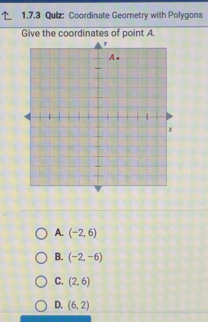 Coordinate Geometry with Polygons
Give the coordinates of point A.
A. (-2,6)
B. (-2,-6)
C. (2,6)
D. (6,2)