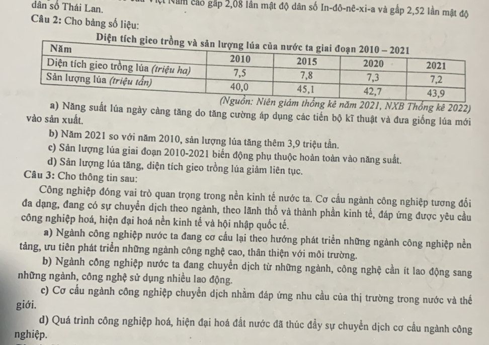 dân số Thái Lan.
A Năm cáo gấp 2,08 lần mật độ dân số In-đô-nê-xi-a và gấp 2,52 lần mật độ
Câu 2: Cho bảng số liệu:
Diệ
iám thống kê năm 2021, NXB Thống kê 2022)
a) Năng suất lúa ngày càng tăng do tăng cường áp dụng các tiến bộ kĩ thuật và đưa giống lúa mới
vào sản xuất.
b) Năm 2021 so với năm 2010, sản lượng lúa tăng thêm 3,9 triệu tần.
c) Sản lượng lúa giai đoạn 2010-2021 biển động phụ thuộc hoàn toàn vào năng suất.
d) Sản lượng lúa tăng, diện tích gieo trồng lúa giảm liên tục.
Câu 3: Cho thông tin sau:
Công nghiệp đóng vai trò quan trọng trong nền kinh tế nước ta. Cơ cấu ngành công nghiệp tương đối
đa dạng, đang có sự chuyển dịch theo ngành, theo lãnh thổ và thành phần kinh tế, đáp ứng được yêu cầu
công nghiệp hoá, hiện đại hoá nền kinh tế và hội nhập quốc tế.
a) Ngành công nghiệp nước ta đang cơ cầu lại theo hướng phát triển những ngành công nghiệp nền
tảng, ưu tiên phát triển những ngành công nghệ cao, thân thiện với môi trường.
b) Ngành công nghiệp nước ta đang chuyển dịch từ những ngành, công nghệ cần ít lao động sang
những ngành, công nghệ sử dụng nhiều lao động.
c) Cơ cấu ngành công nghiệp chuyển dịch nhằm đáp ứng nhu cầu của thị trường trong nước và thế
giới.
d) Quá trình công nghiệp hoá, hiện đại hoá đất nước đã thúc đẩy sự chuyền dịch cơ cầu ngành công
nghiệp.